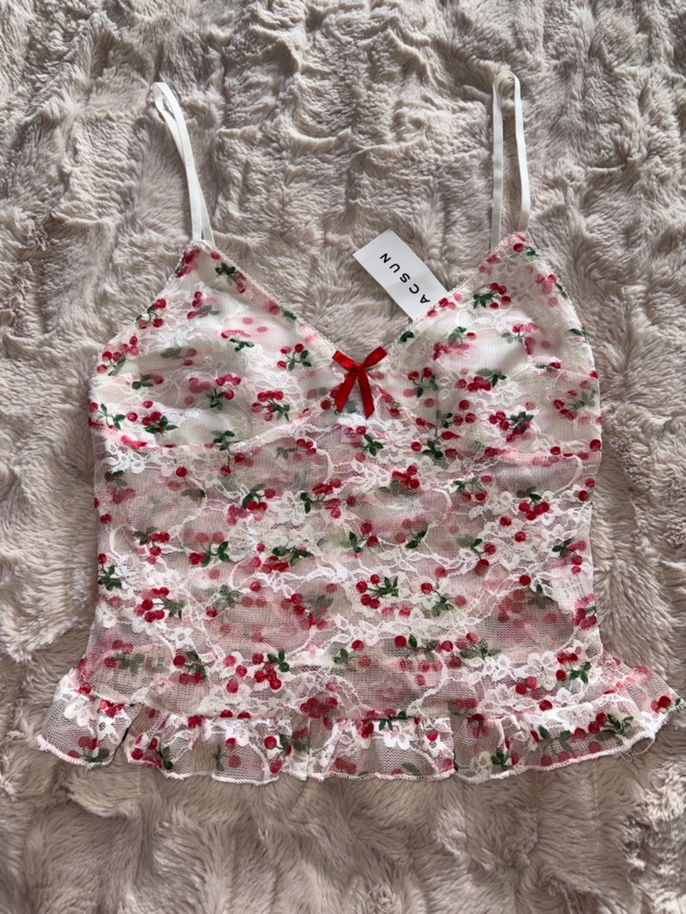 PacSun White Lace Cherry-Print Crop Cami
